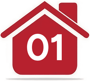 Red house icon with number 01 inside.